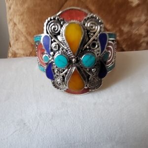 Genuine Turquoise Coral Copal and Lapis Lazuli Tibetan Cuff bracelet